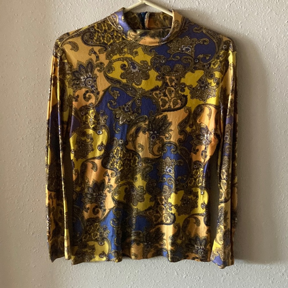 VTG 70s 1/4 Zip Mock Neck Blouse Groovy Gold & Purple Paisley Psychedelic Print